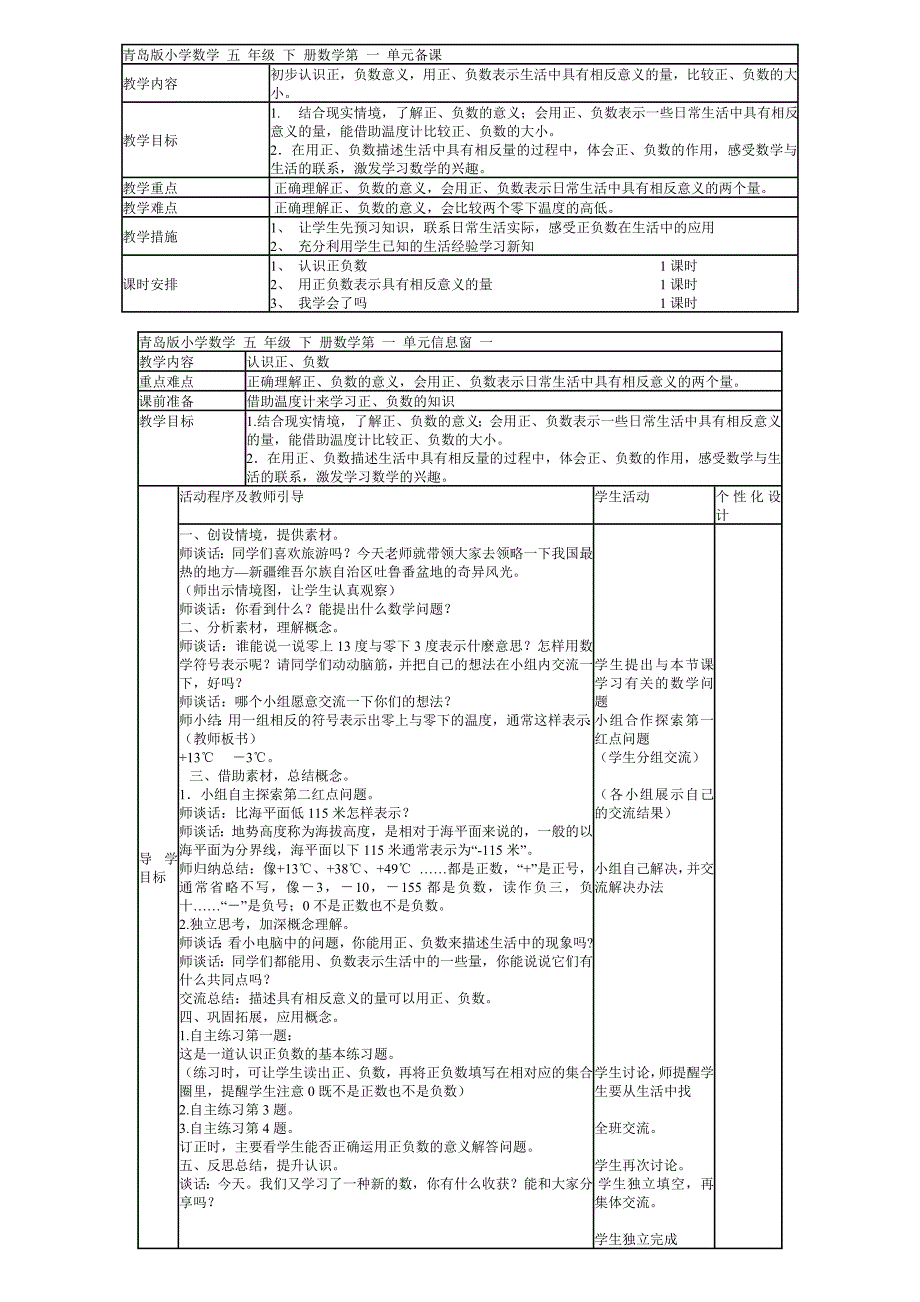 青岛版五年级数学下册教案表格式全册-青岛版小学五年级_第1页