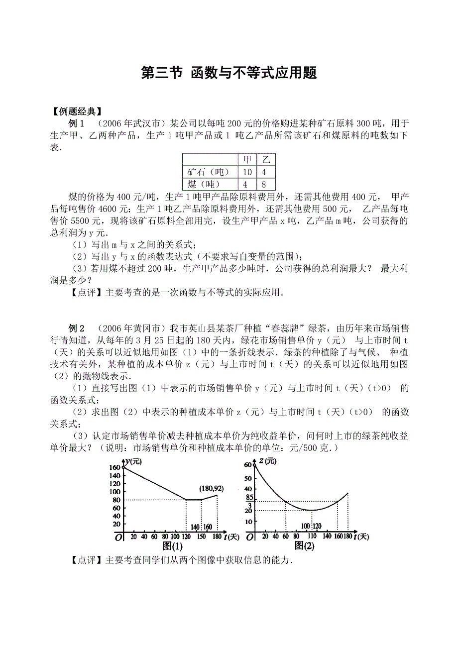 中考数学专题训练 函数与不等式应用题及答案_第1页