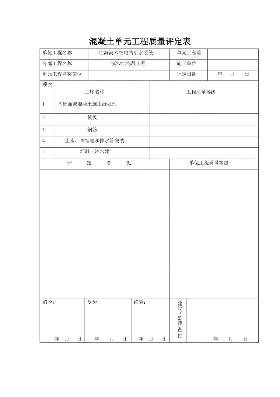 沉沙池混凝土工程质量评定表1.1_第1页