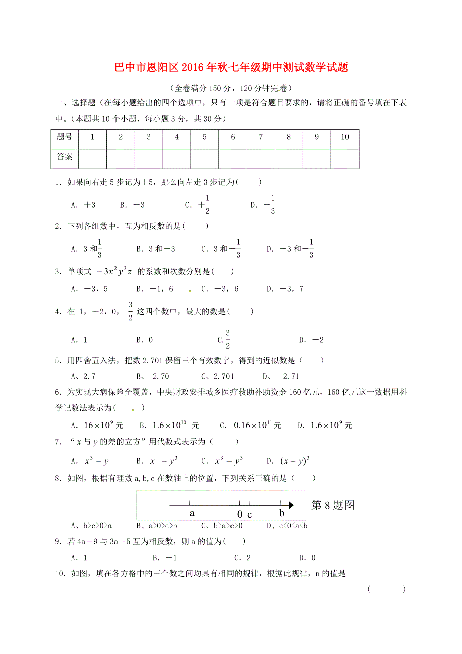 四川省巴中市恩阳区2016-2017学年七年级上学期数学期中试题_第1页