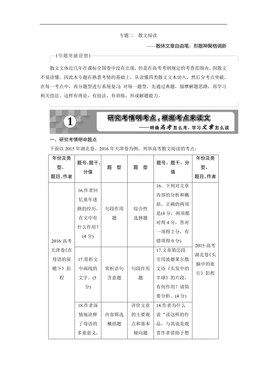 2018高考语文一轮复习：第3部分专题2散文阅读_第1页