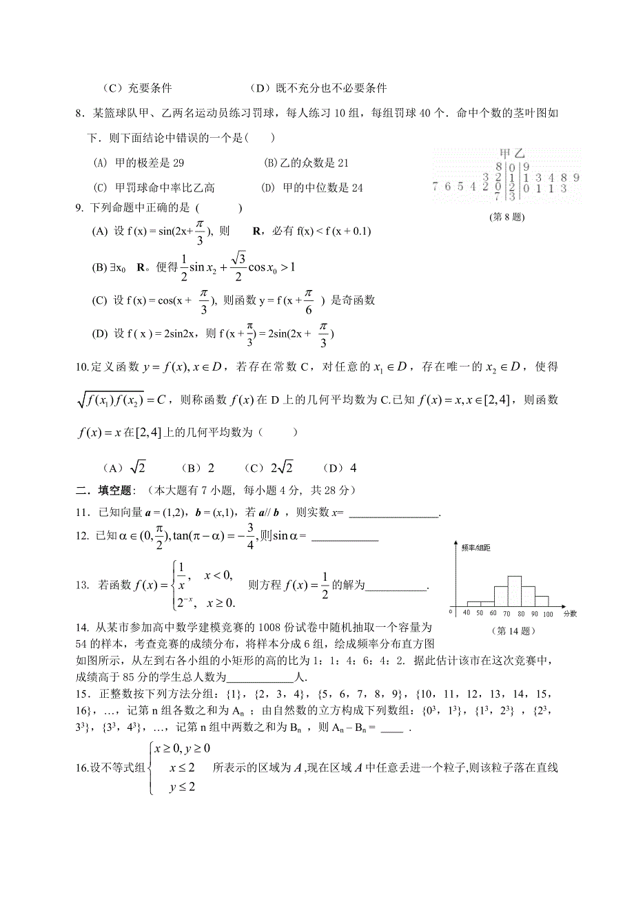 2010年杭州市第一次高考科目教学质量检测数学文科卷及参考答案_第2页