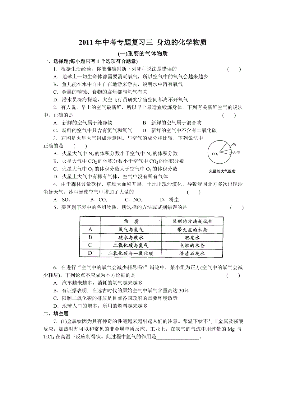 2011年中考专题复习三 身边的化学物质_第1页