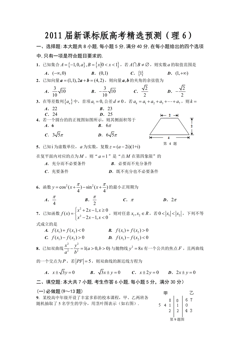 2011届高考理科数学临考练兵拔高分测试题卷6_第1页