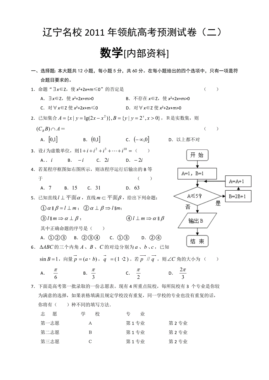 2011届辽宁名校高考数学领航预测复习题2_第1页