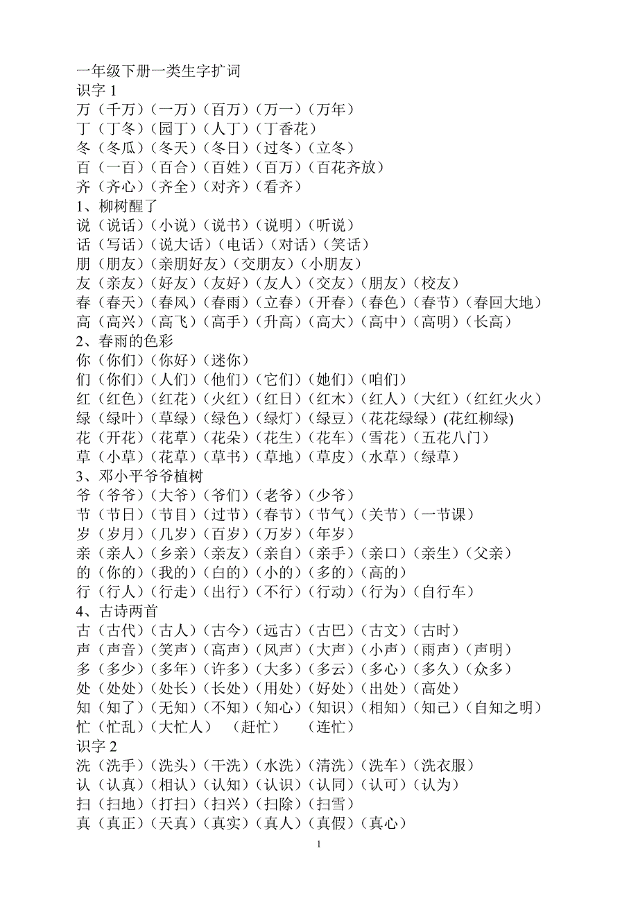 小学一年级语文下册一类字扩词_第1页