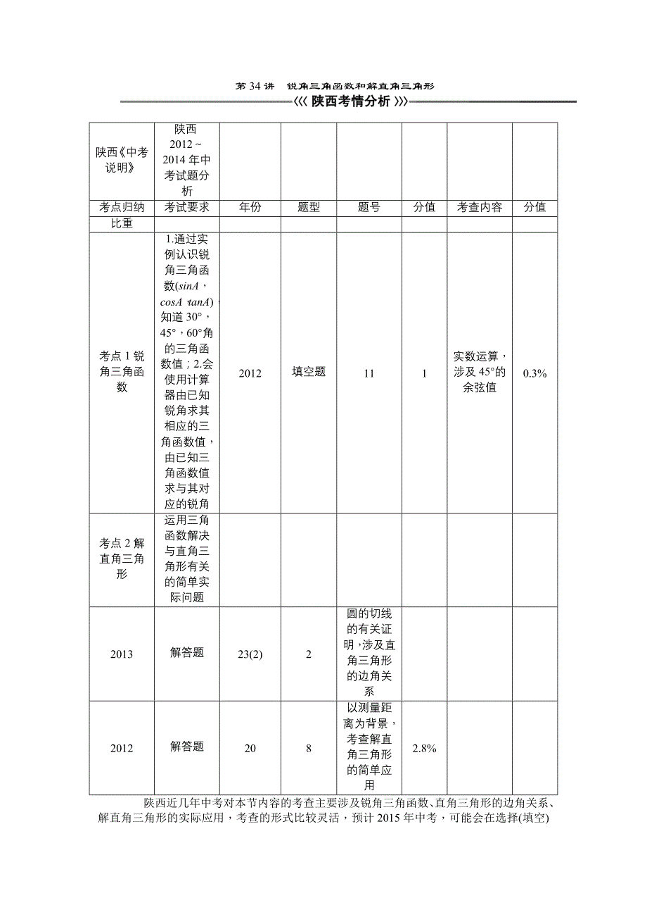 2015年中考数学复习课件+教学案+练习第34讲锐角三角函数_第1页