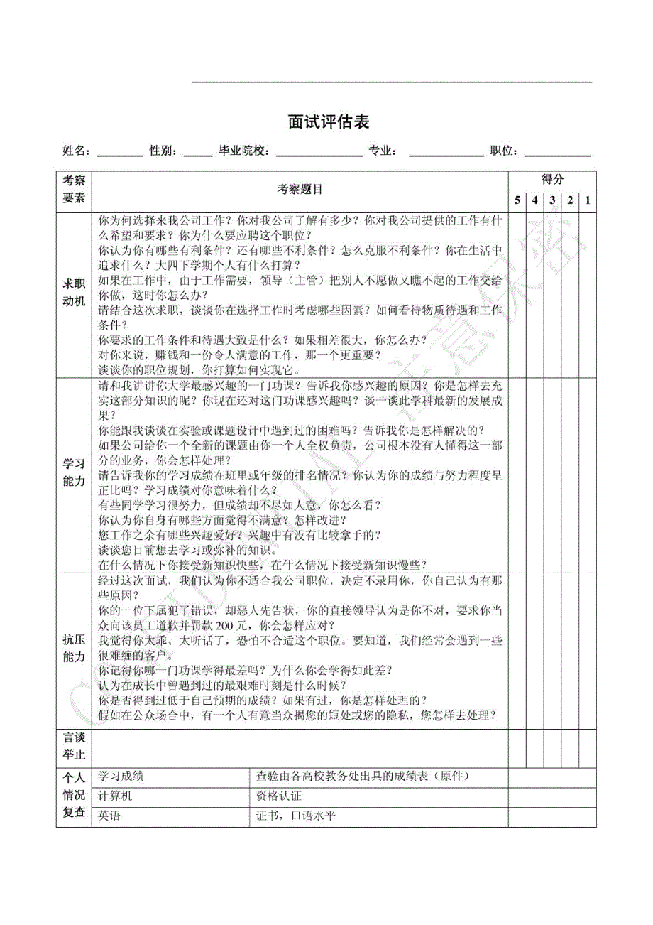 校园招聘面试评估表及评分标准_第1页