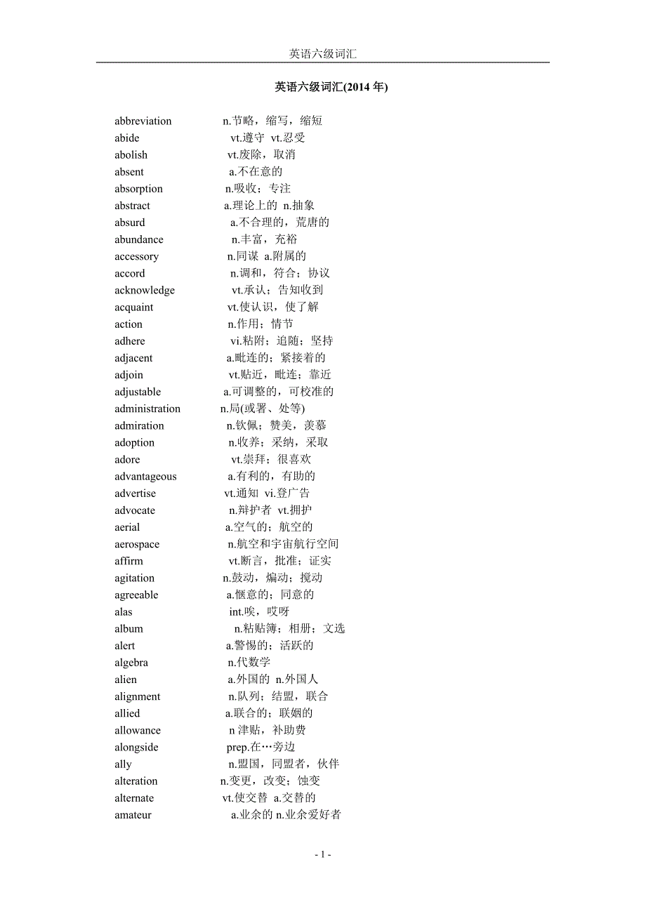 2014最新大学英语六级词汇表()_第1页