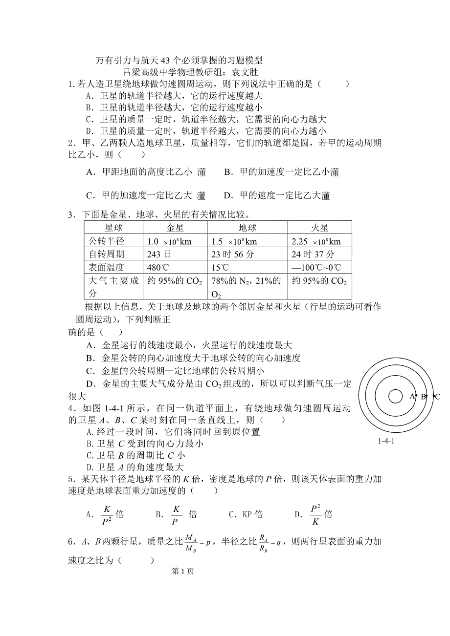 万有引力与航天43个必须掌握的习题模型_第1页