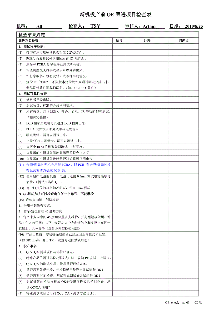 新机型投产前跟进项目检查表 09版_第1页