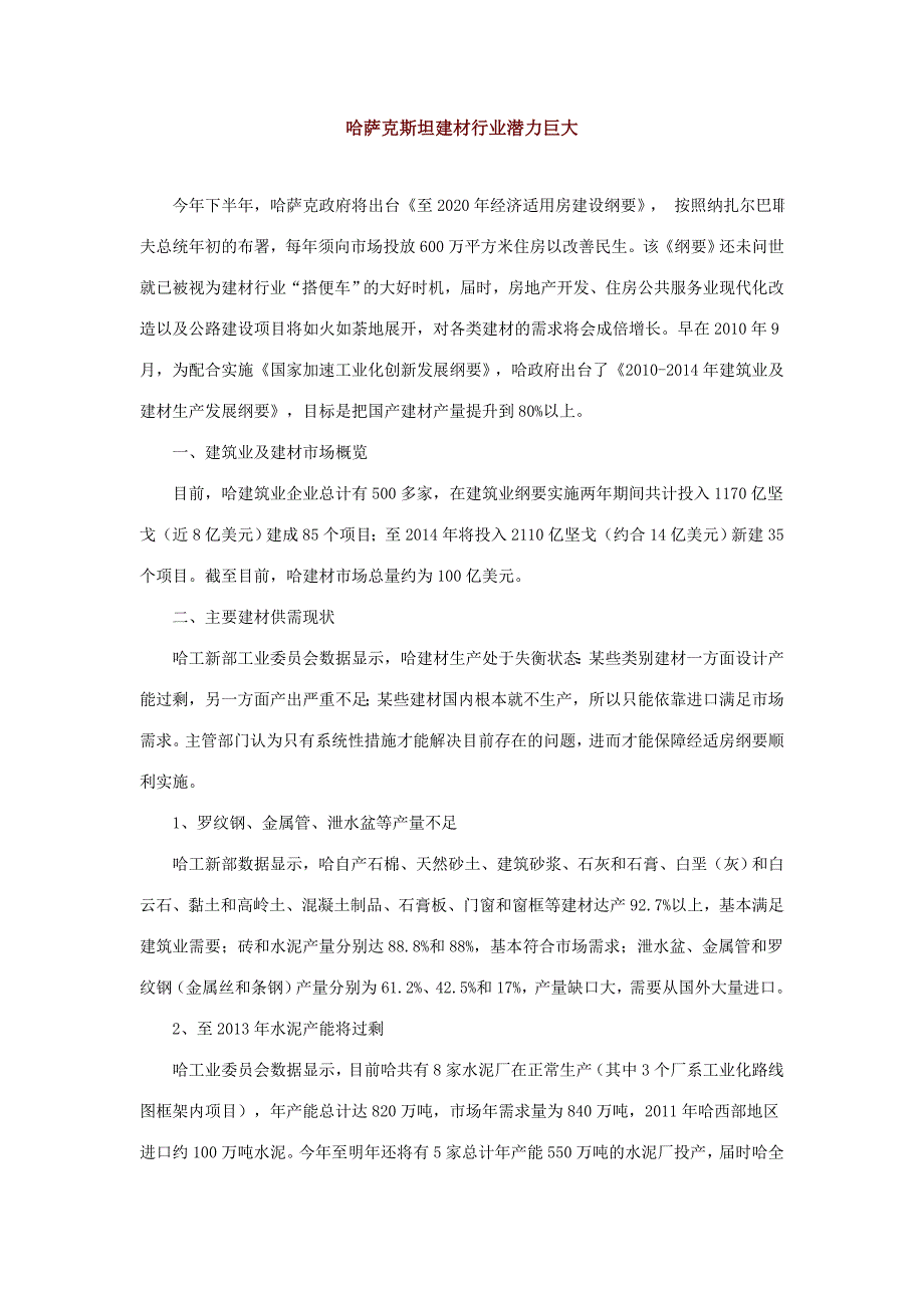 哈萨克斯坦建材行业潜力巨大_第1页