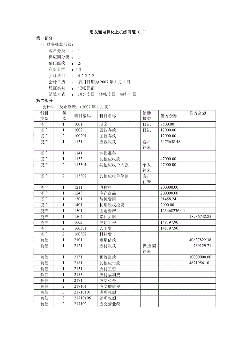 用友通电算化上机练习题(二)_第1页