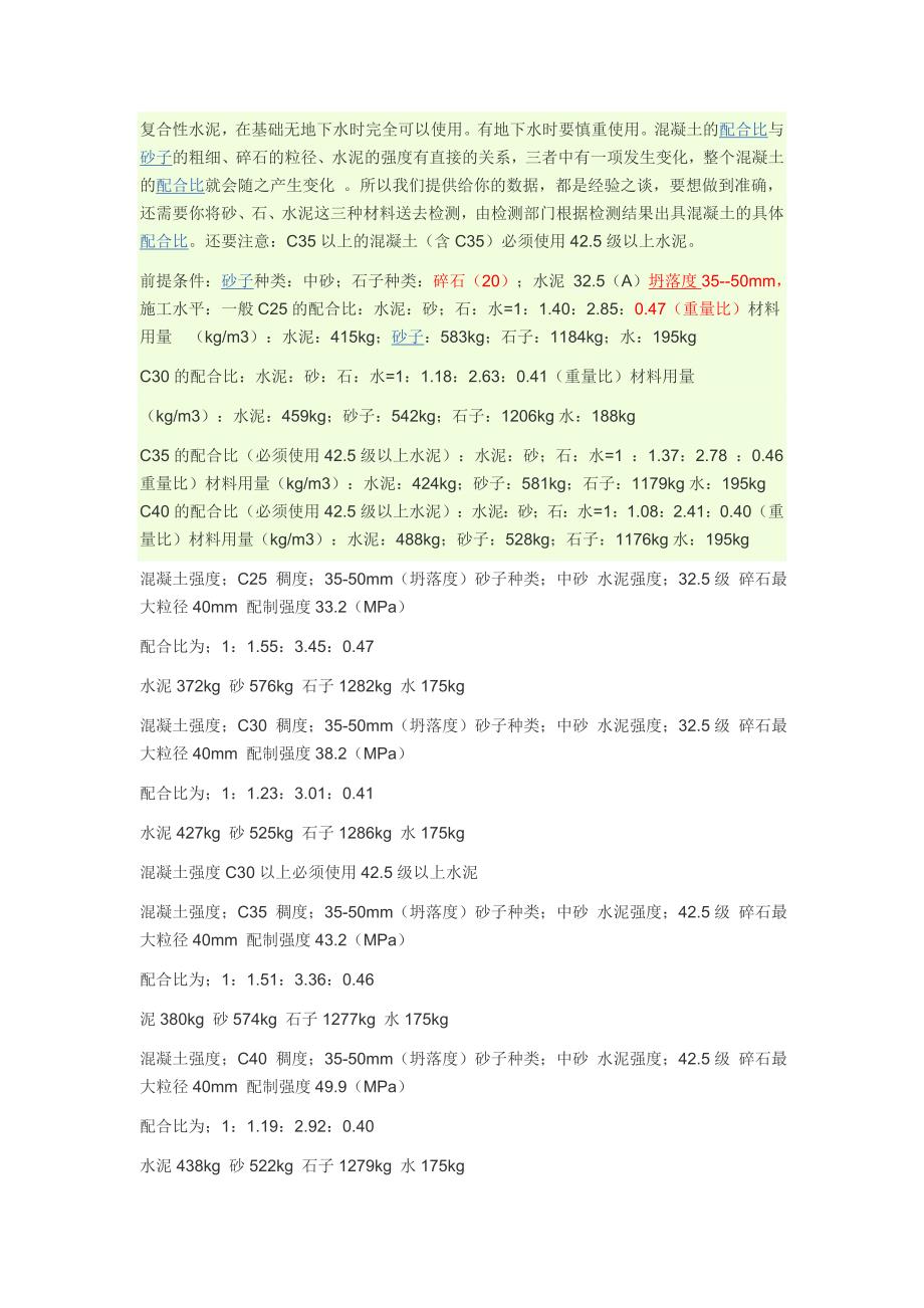 混凝土c25 c30 c35 c40的石子,沙,水泥配比_第1页