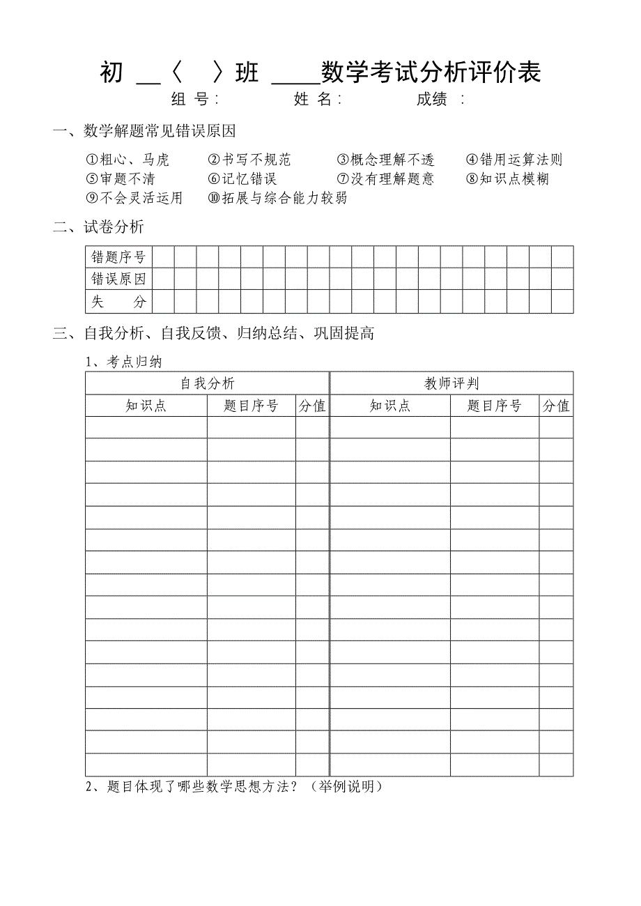 数学考试分析评价表_第1页