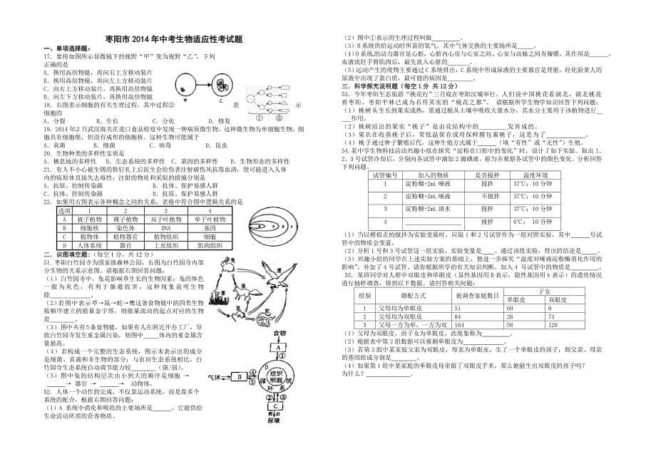 2014老河口市中考生物适应性考试题_第5页