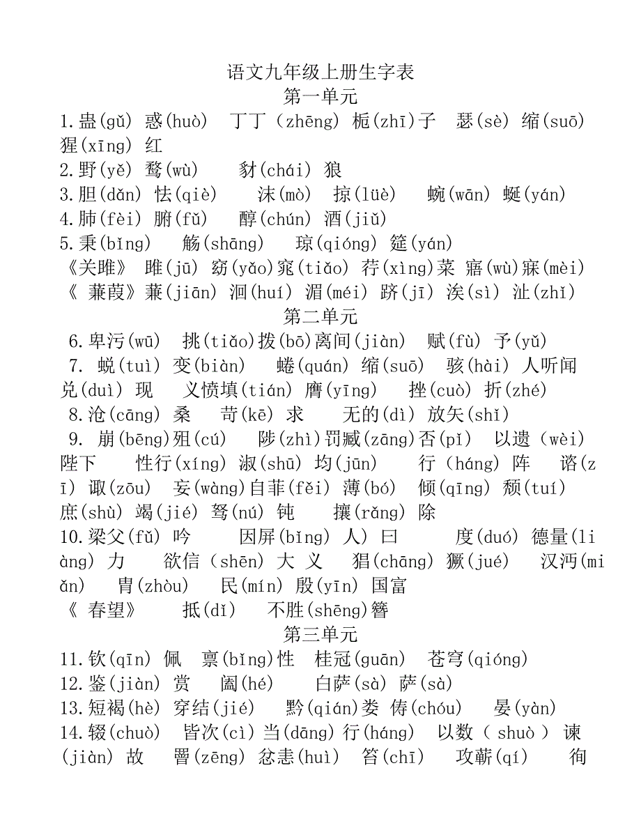 河大版语文九年级上册 “写一写 用一用”生字带注音_第1页