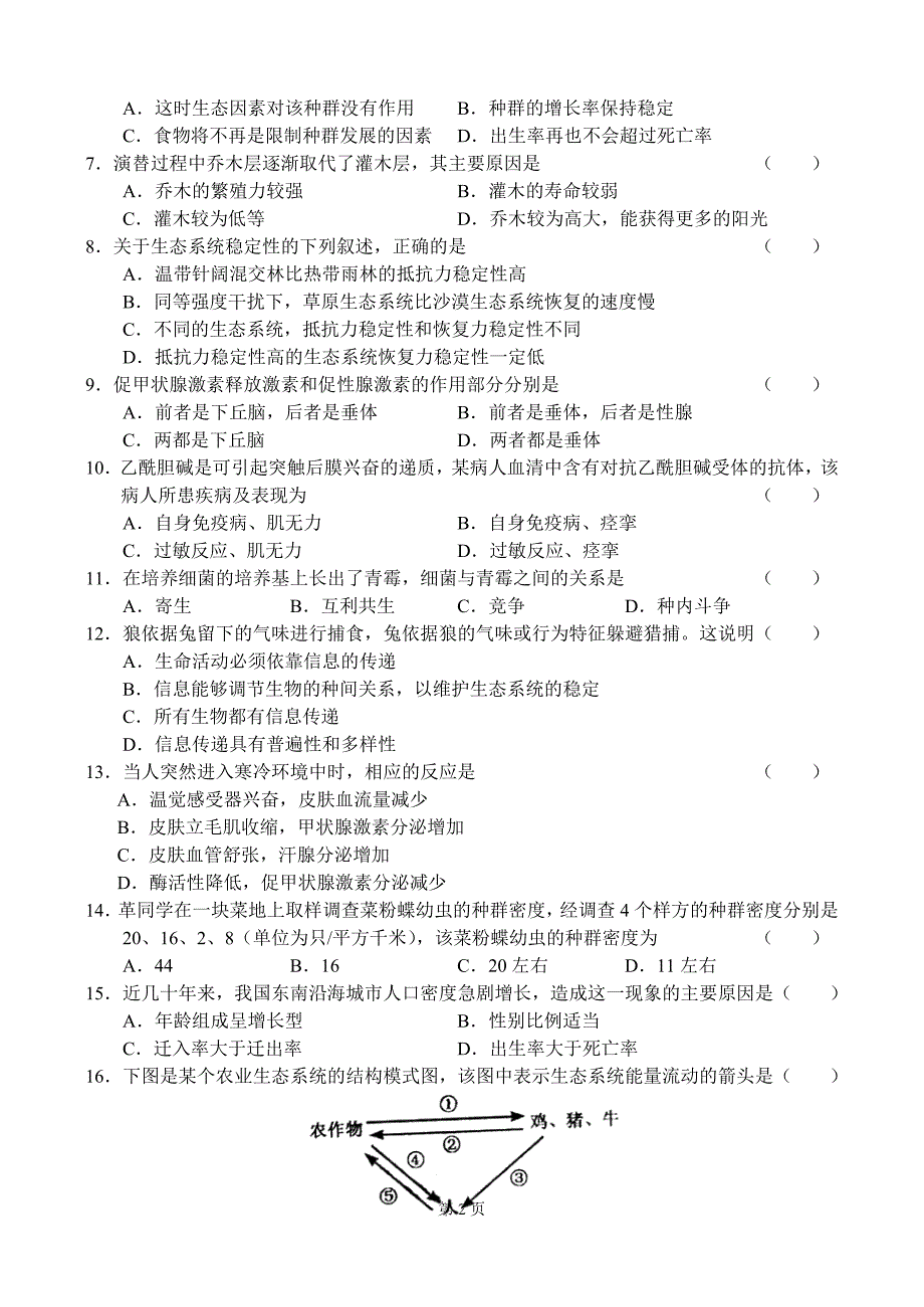 高中生物必修三模块考试模拟试题_第2页