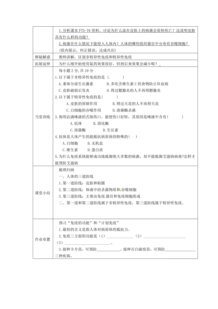 2016年人教版八年级生物下册：8.1.2《免疫与计划免疫》导学案教案_第2页