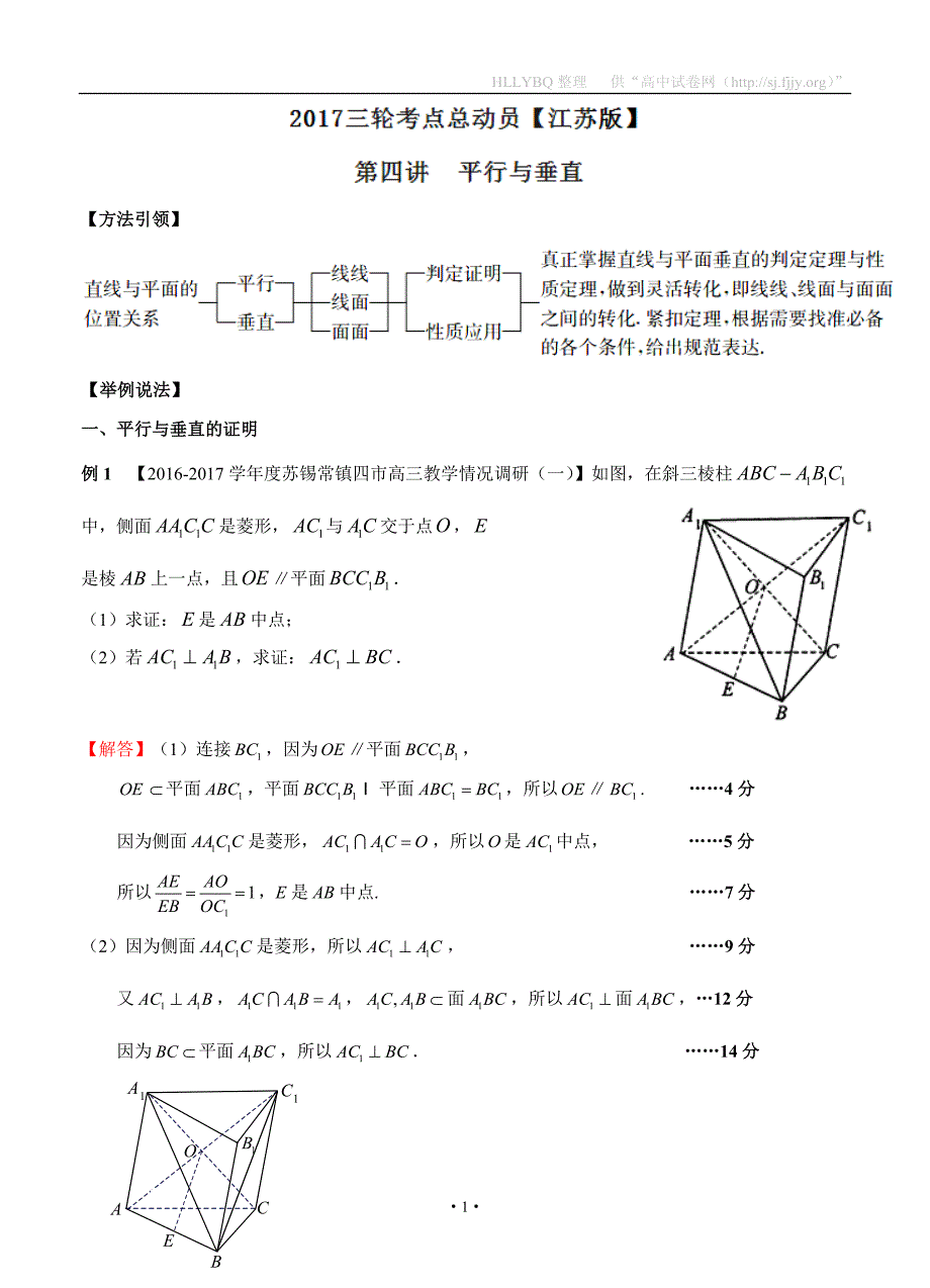 2017届高三数学三轮考点总动员（江苏版）：专题1.4 平行与垂直（解析版）_第1页