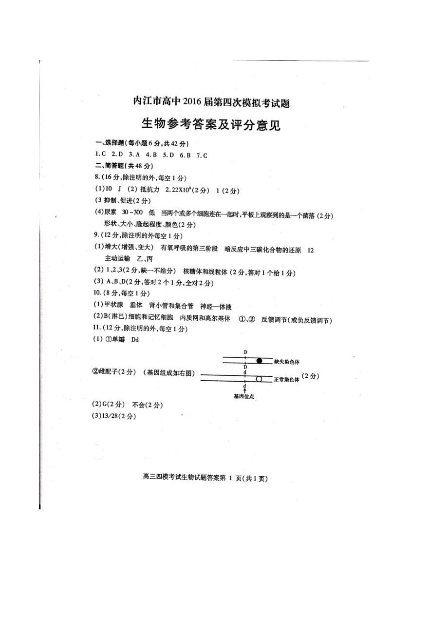 四川省内江市2016届高三第四次模拟考试 生物_第5页