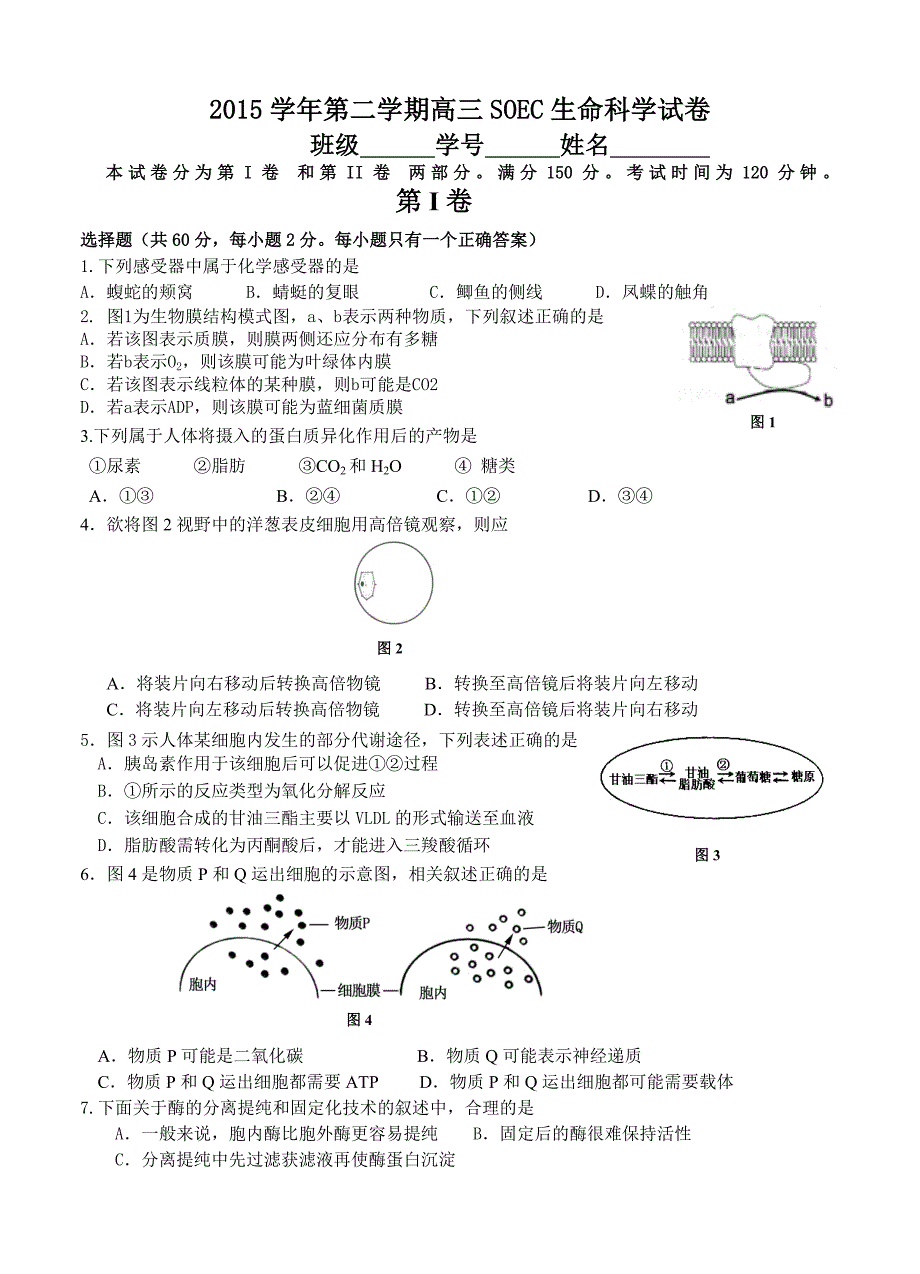 上海市八校（SOEC）2016届高三第二学期联考生命科学试题_第1页