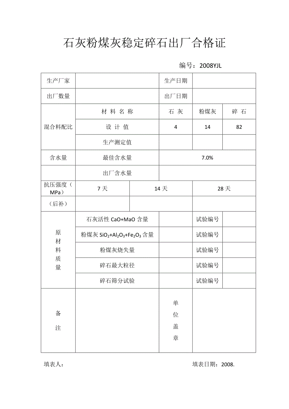 石灰粉煤灰碎石出厂合格证以及击实记录_第1页