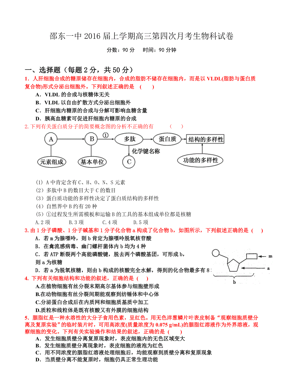 湖南省邵东一中2016届高三上学期第四次月考生物试卷_第1页