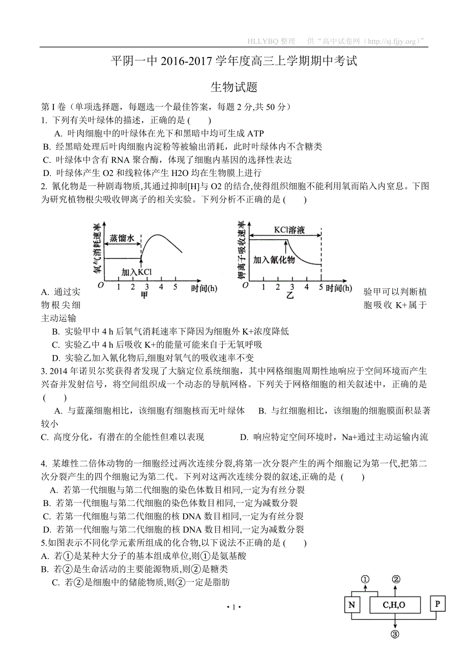 山东省平阴县第一中学2017届高三上学期期中考试 生物_第1页