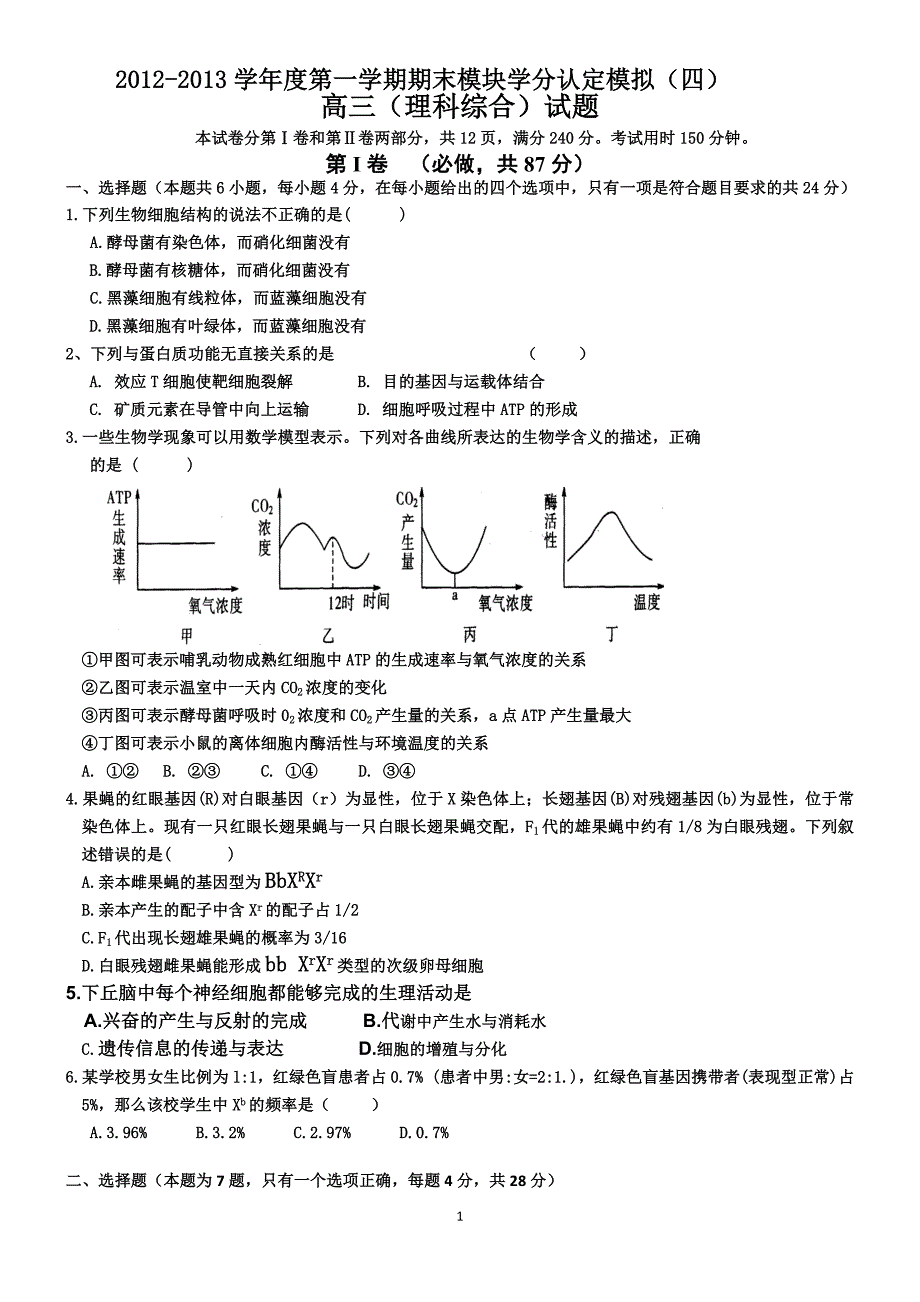 山东高考理综(四)试题(含答案)_第1页