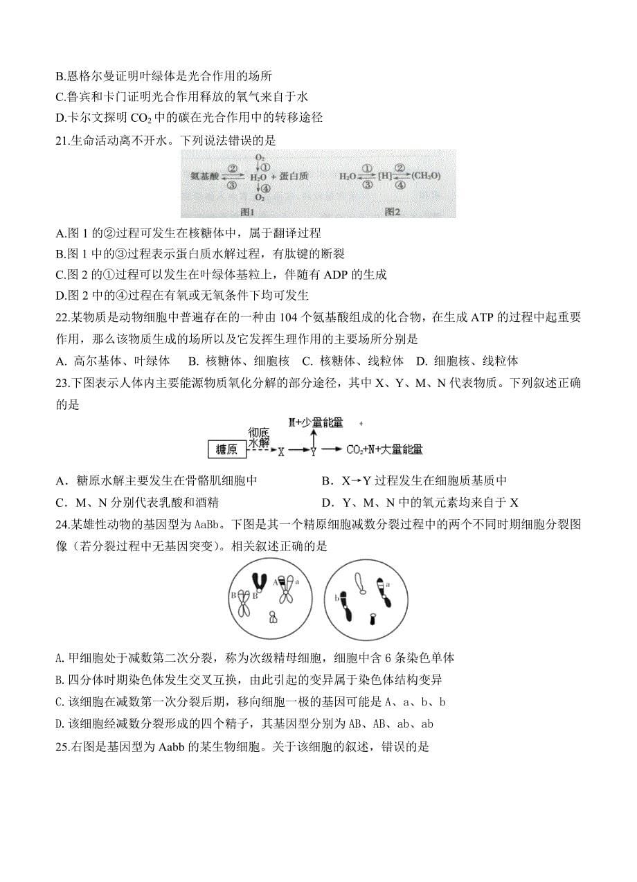 云南省2016届高三第二次月考生物_第5页