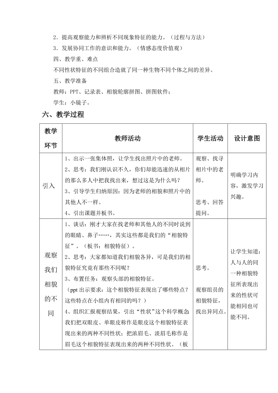 教科版小学科学六年级上册《相貌各异的我们》教学设计　_第2页