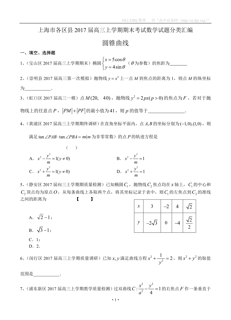 上海市16区县2017届高三上学期期末考试数学试题分类汇编-圆锥曲线_第1页