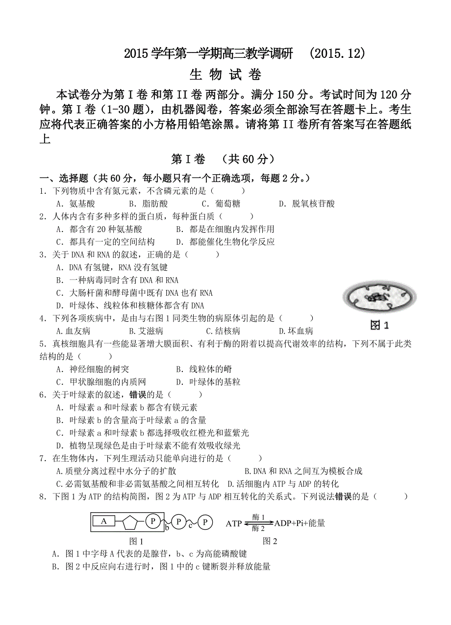 上海市七校2016届高三12月联合调研考试生物试题_第1页