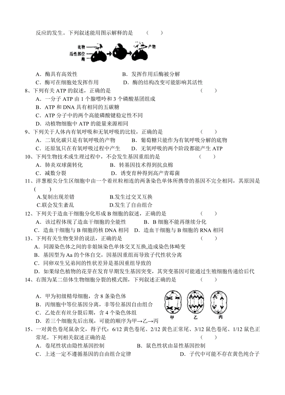 山东省2013届高三上学期1月阶段测试生物试题_第2页