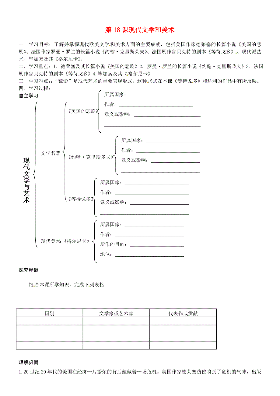 2016年人教版九年级初三下册：8.18《现代文学和美术》优秀学案教案_第1页