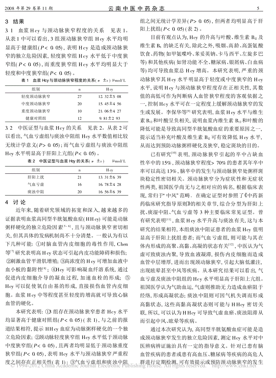 血浆同型半胱氨酸与颈动脉狭窄严重程度及中医证型的关系_第2页