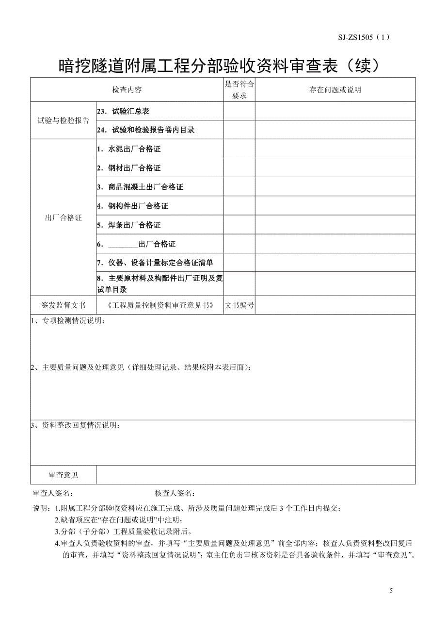 暗挖隧道附属工程分部验收资料审查表_第5页