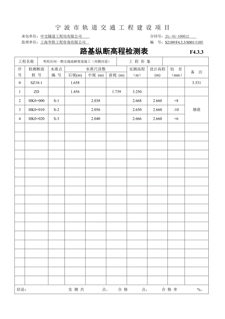 东侧河道路基纵断高程检测表-塘渣_第1页