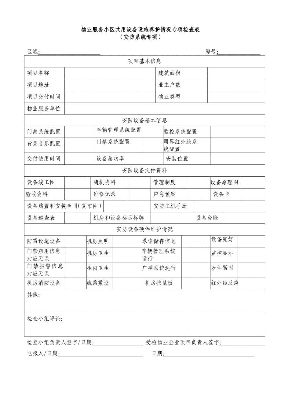 物业服务小区共用设备设施养护情况专项检查表_第5页