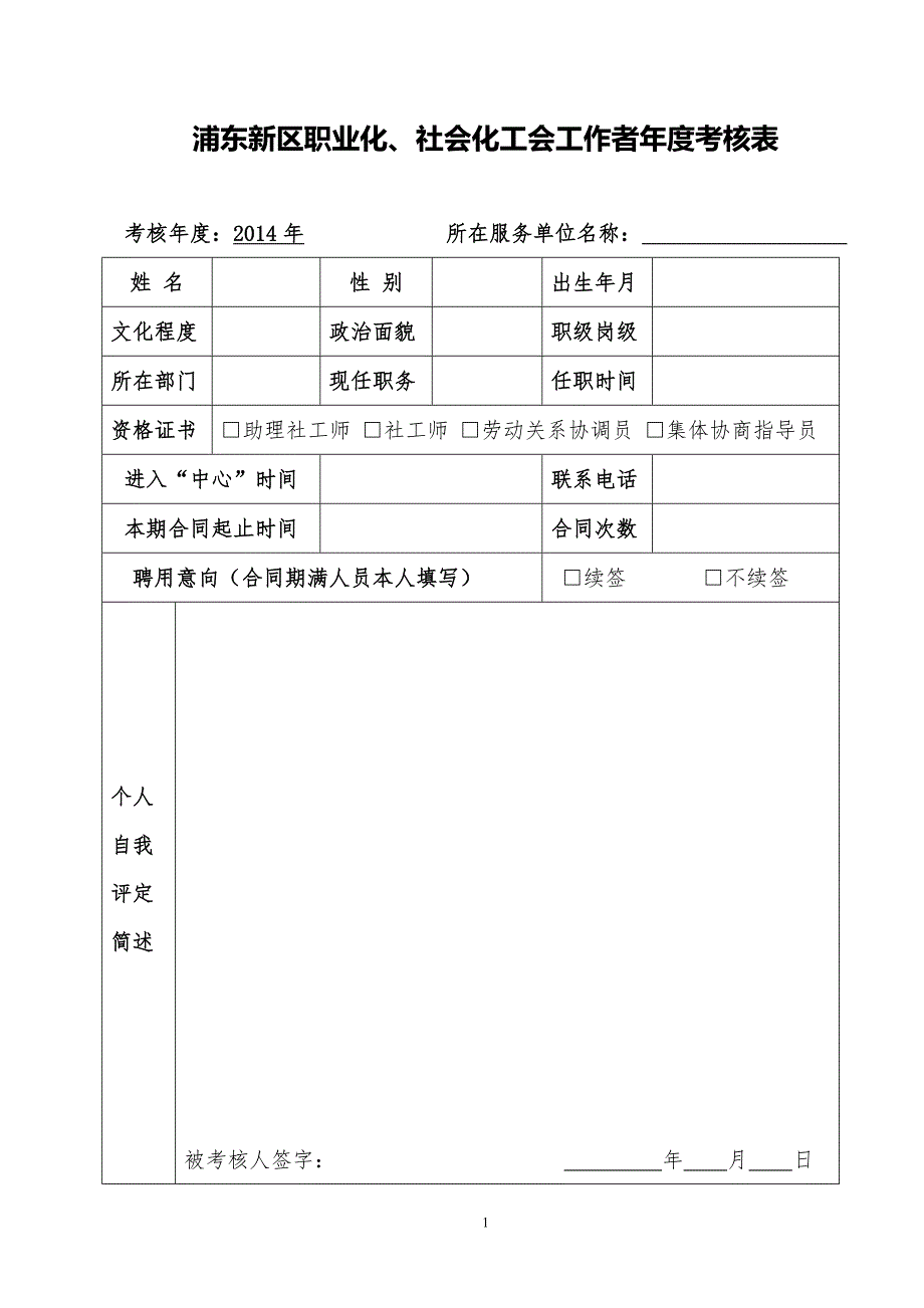浦东新区职业化、社会化工会工作者年度考核表_第1页