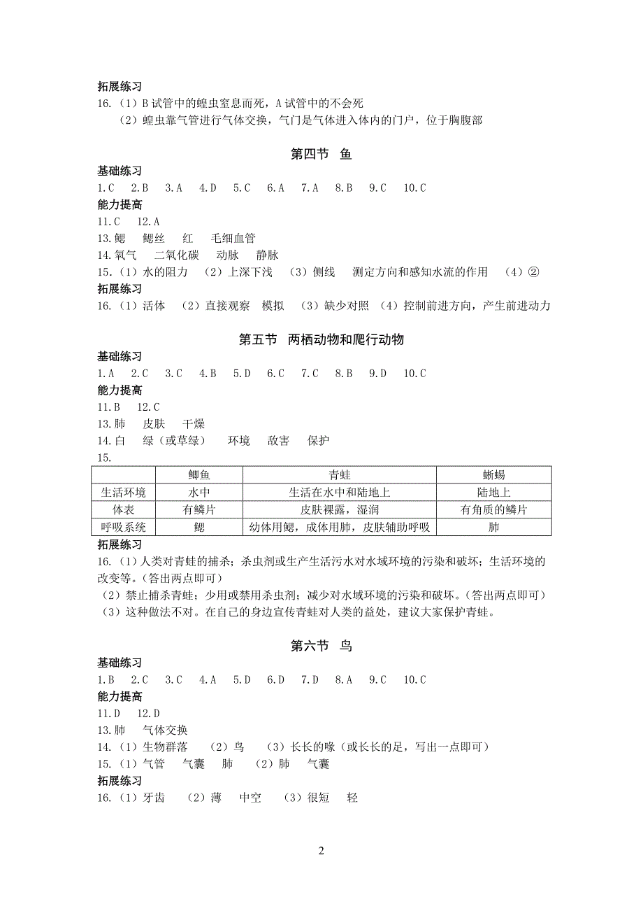 八年级上册生物知识与能力训练答案完整版_第2页