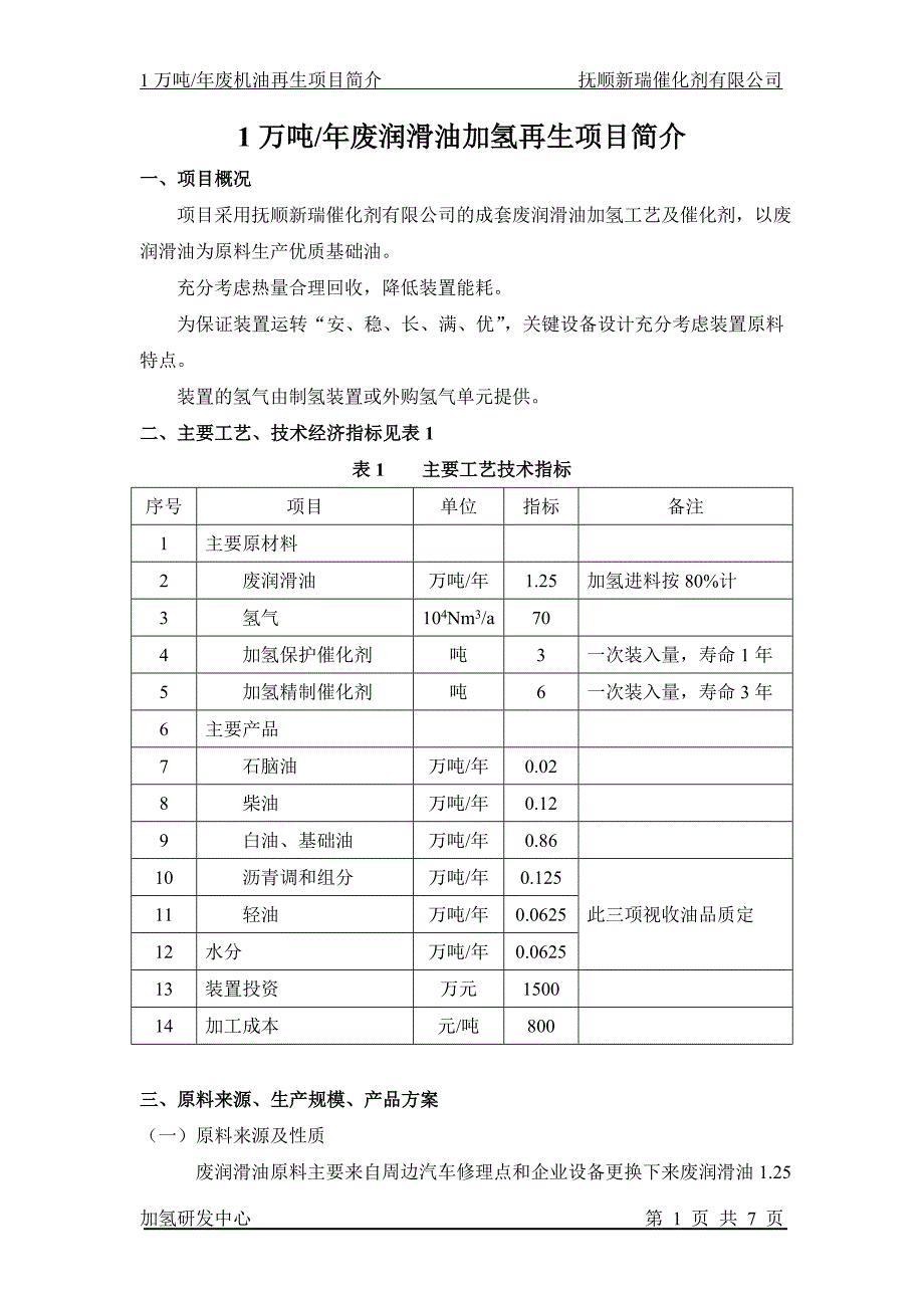 1万吨年废润滑油加氢再生项目简介_第1页