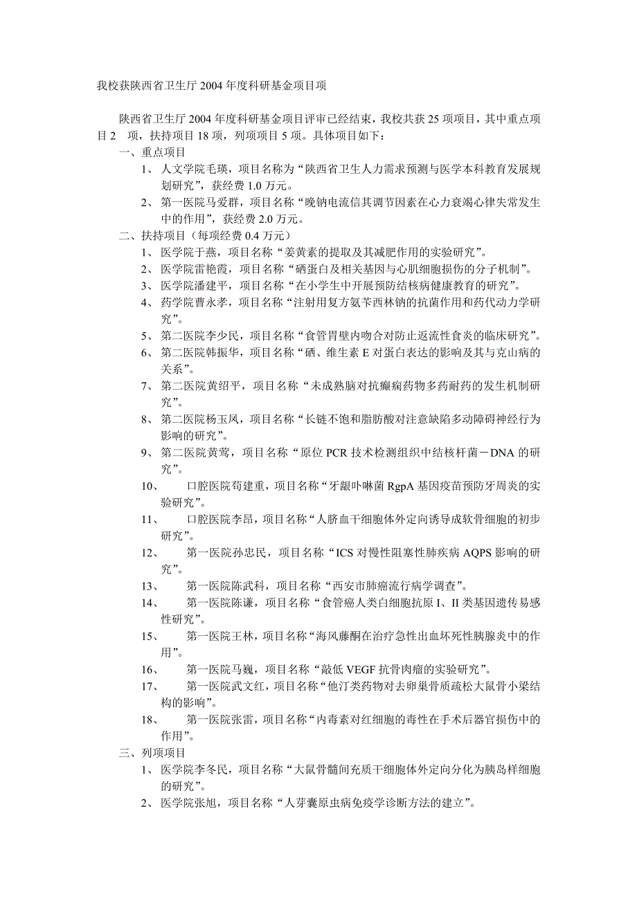 我校获陕西省卫生厅2004年度科研基金项目项_第1页