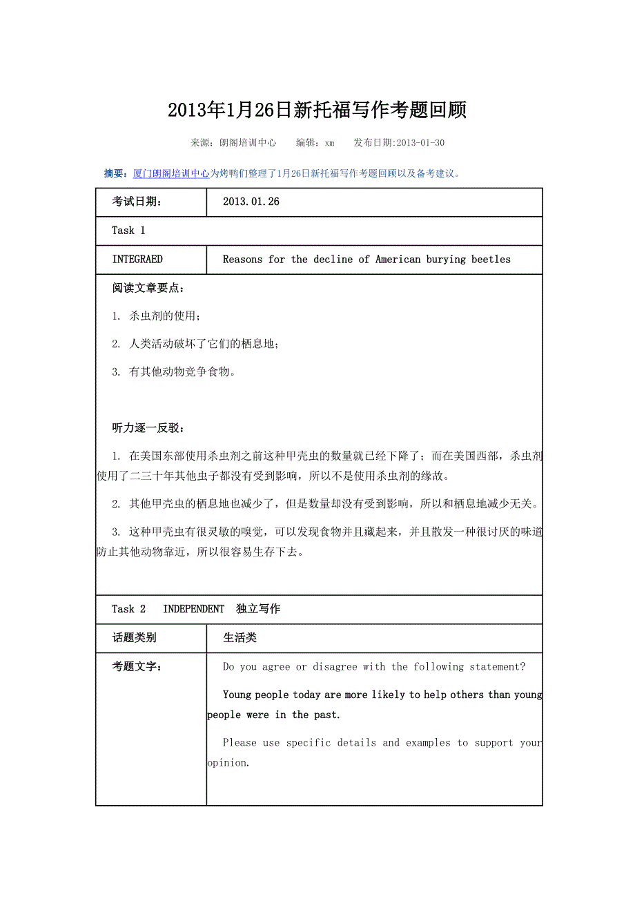 2013年1月26日新托福写作考题回顾_第1页