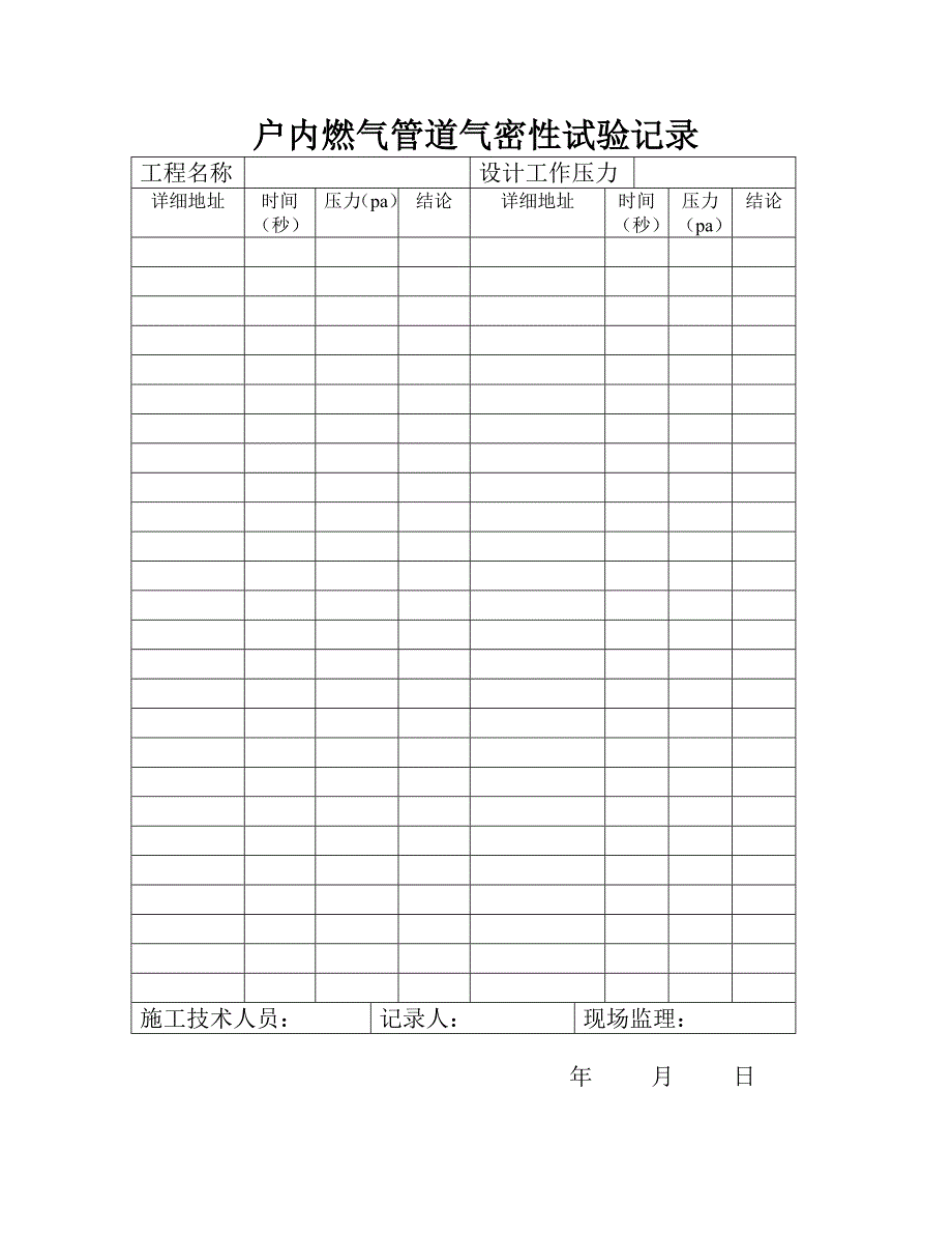 户内燃气管道气密性试验记录(等多种表)_第1页