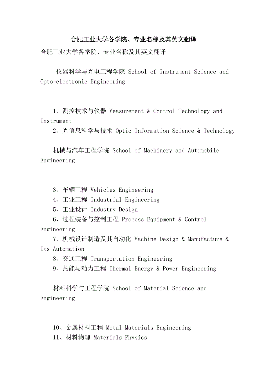 合肥工业大学各学院、专业名称及其英文翻译_第1页