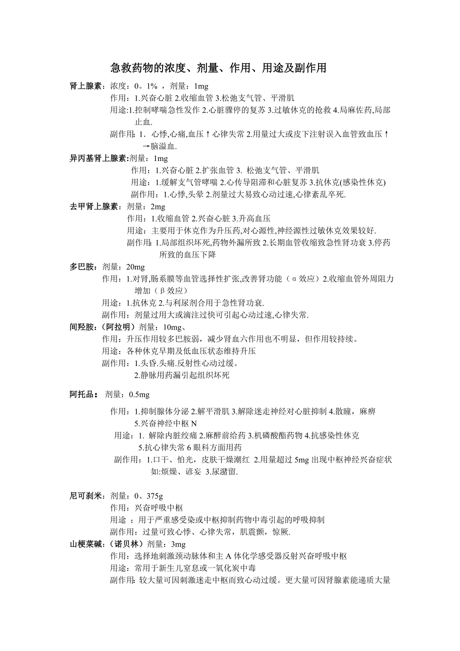 急救药物的浓度、剂量、作用、用途及副作用_第1页