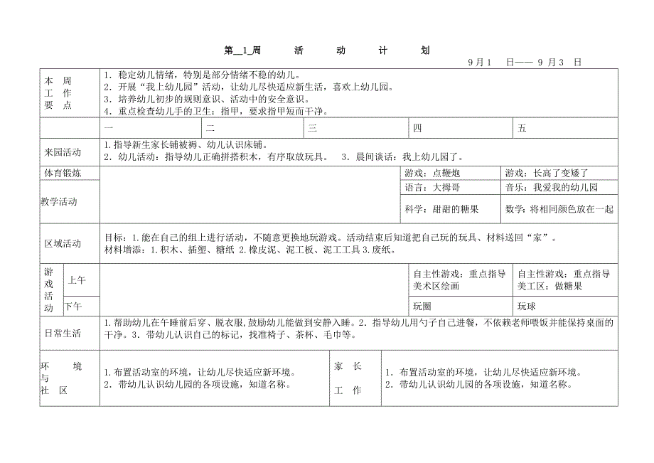 幼儿园小班周活动计划表_第1页