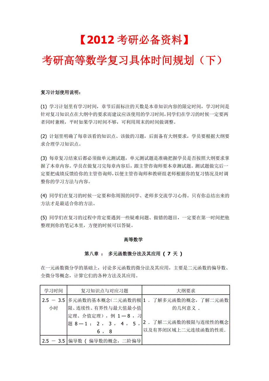 【2012考研必备资料】考研高等数学复习具体时间规划(下_第1页